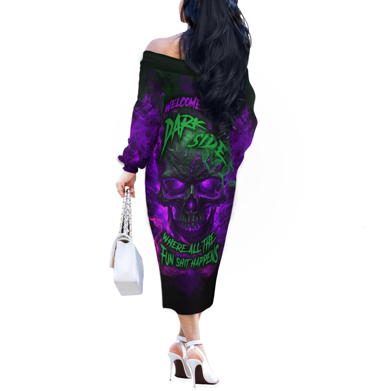 Horor Skull Off The Shoulder Long Sleeve Dress Welcome to the Dark side - Wonder Print Shop