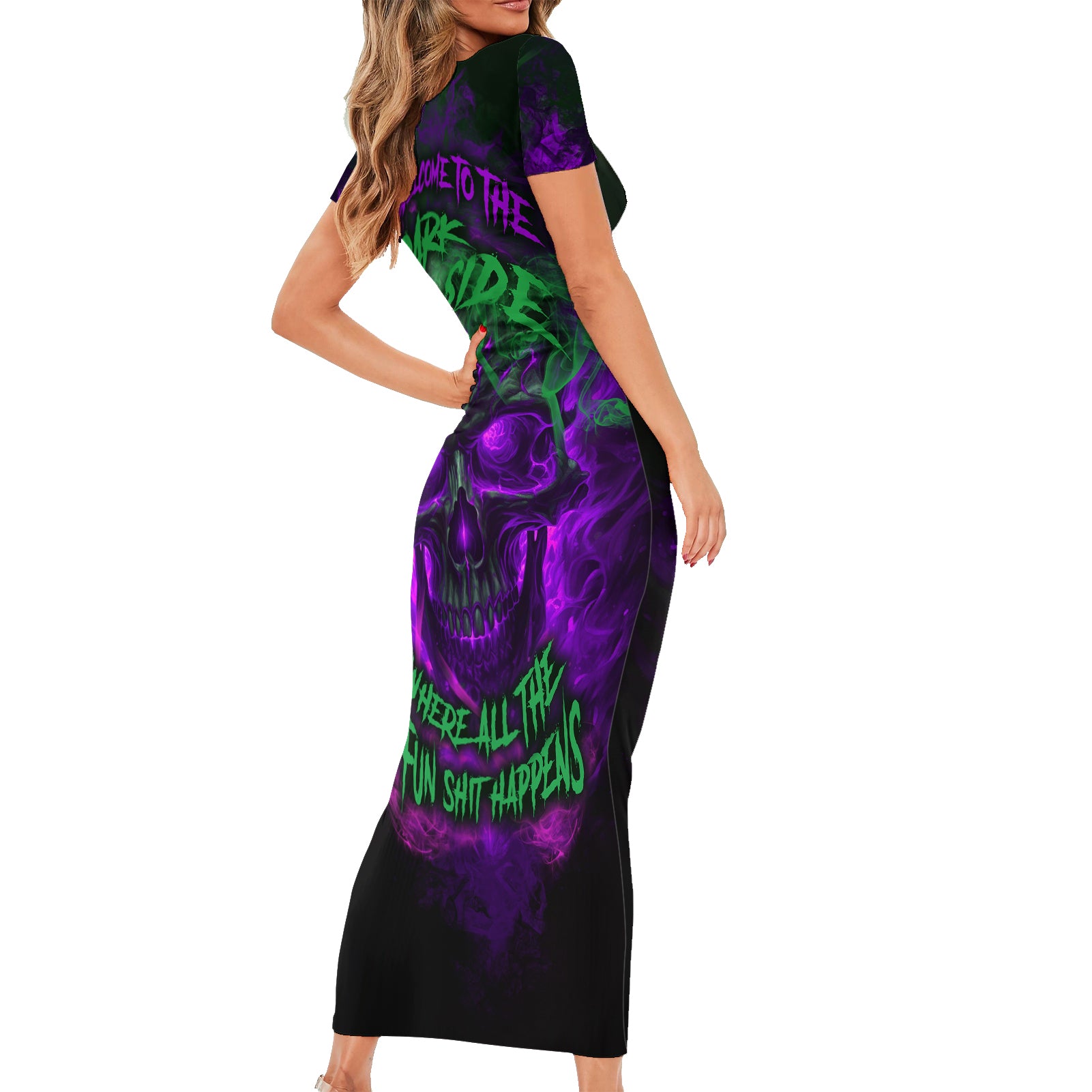 Horor Skull Short Sleeve Bodycon Dress Welcome to the Dark side - Wonder Print Shop