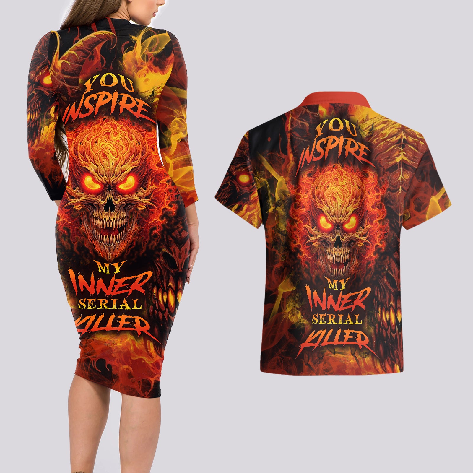 Fire Skull Couples Matching Long Sleeve Bodycon Dress and Hawaiian Shirt You inspire my Inner serial Killed - Wonder Print Shop