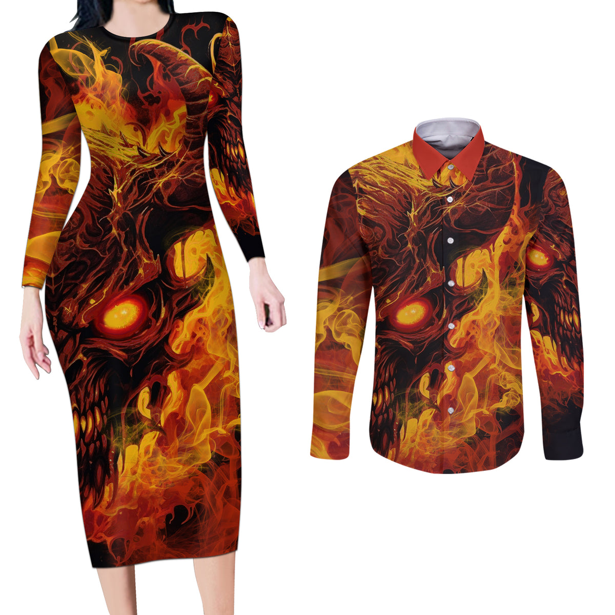 Fire Skull Couples Matching Long Sleeve Bodycon Dress and Long Sleeve Button Shirts You inspire my Inner serial Killed - Wonder Print Shop