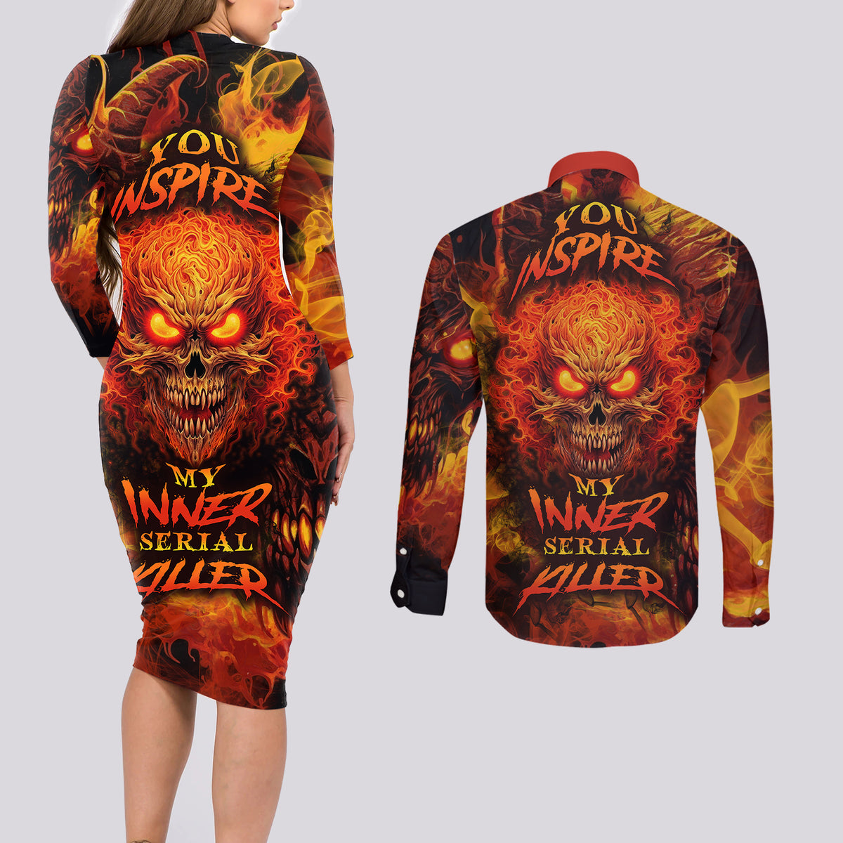 Fire Skull Couples Matching Long Sleeve Bodycon Dress and Long Sleeve Button Shirts You inspire my Inner serial Killed - Wonder Print Shop