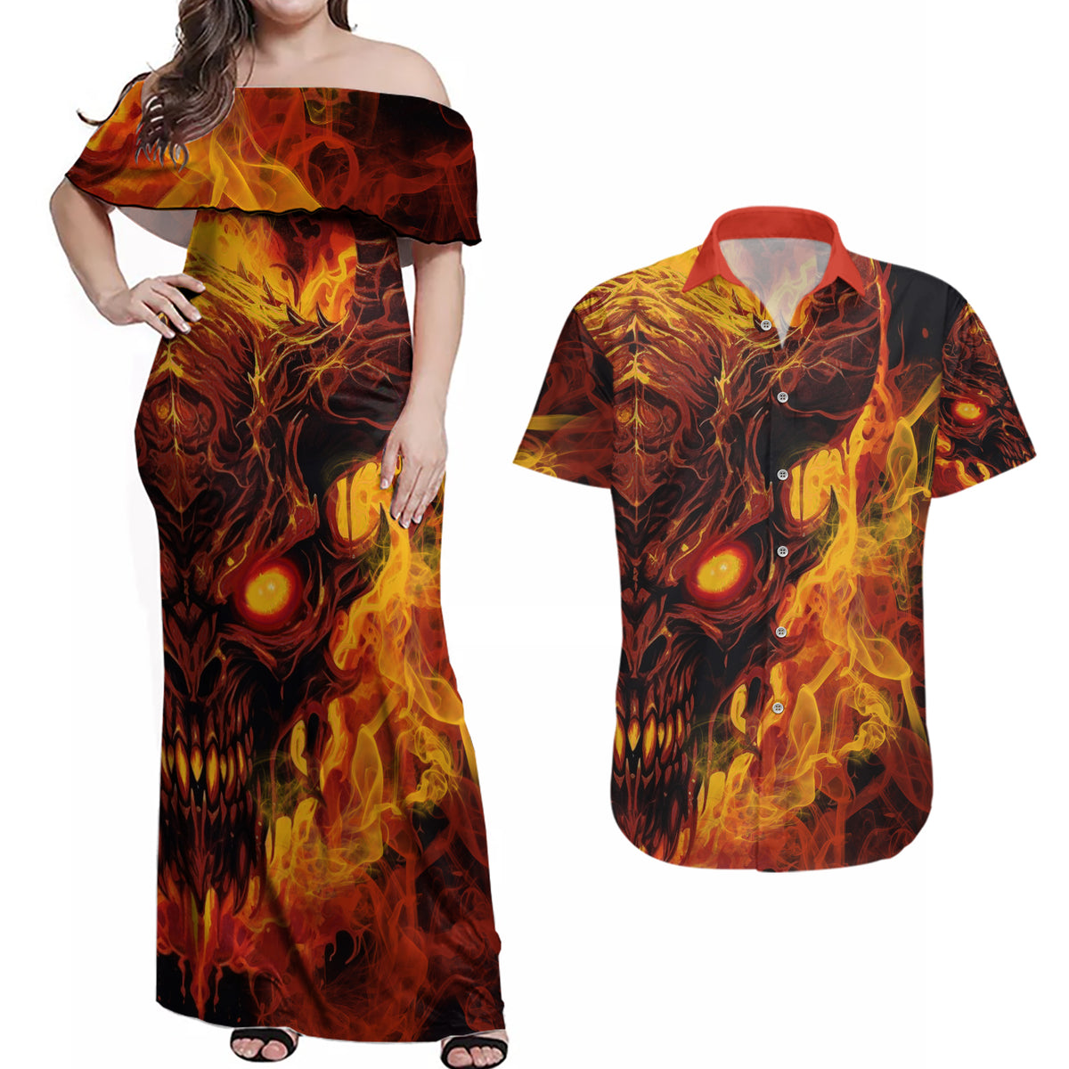 Fire Skull Couples Matching Off Shoulder Maxi Dress and Hawaiian Shirt You inspire my Inner serial Killed - Wonder Print Shop