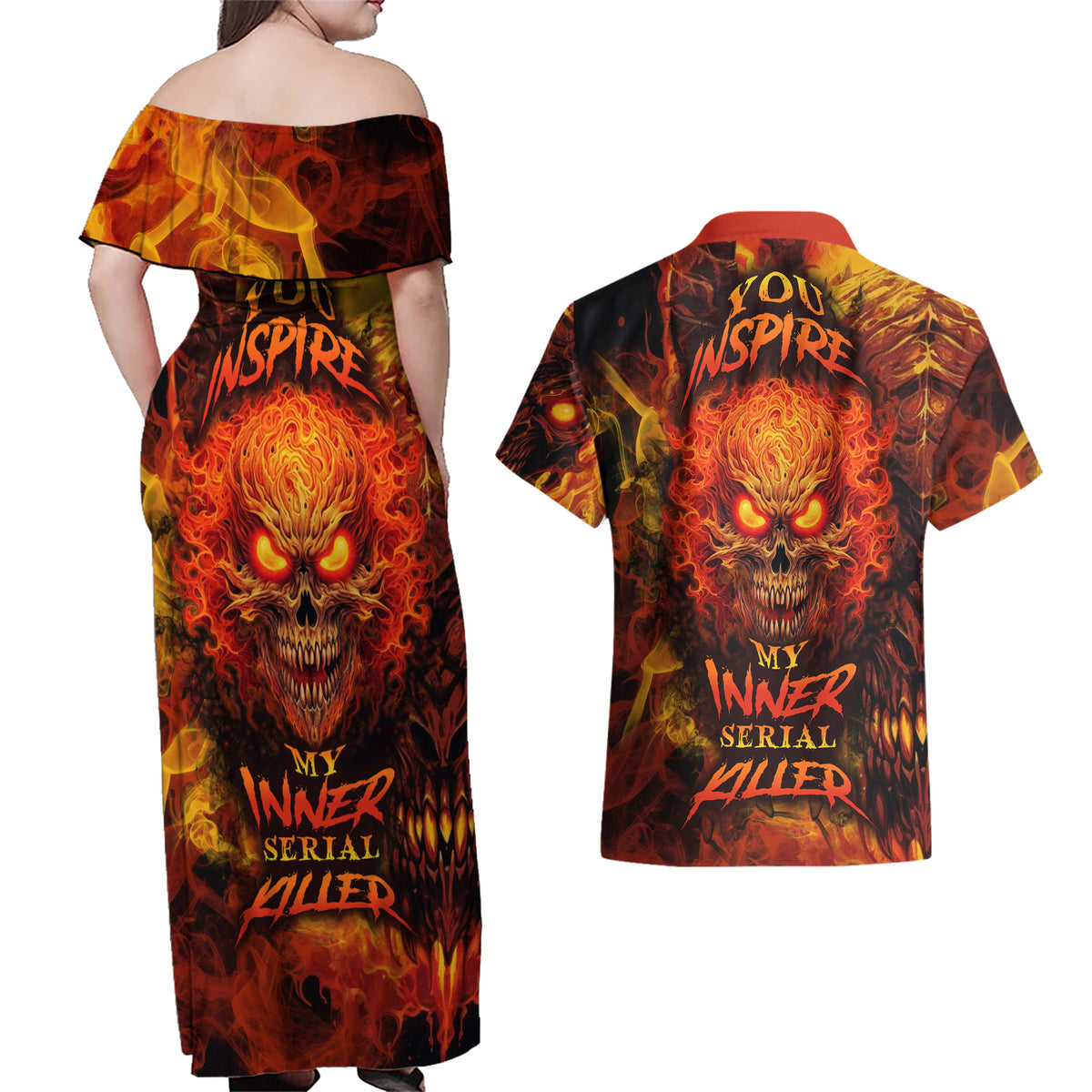 Fire Skull Couples Matching Off Shoulder Maxi Dress and Hawaiian Shirt You inspire my Inner serial Killed - Wonder Print Shop