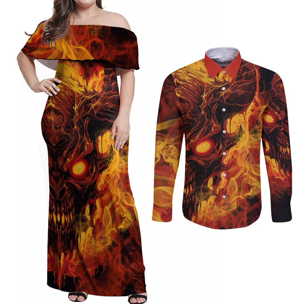 Fire Skull Couples Matching Off Shoulder Maxi Dress and Long Sleeve Button Shirts You inspire my Inner serial Killed - Wonder Print Shop