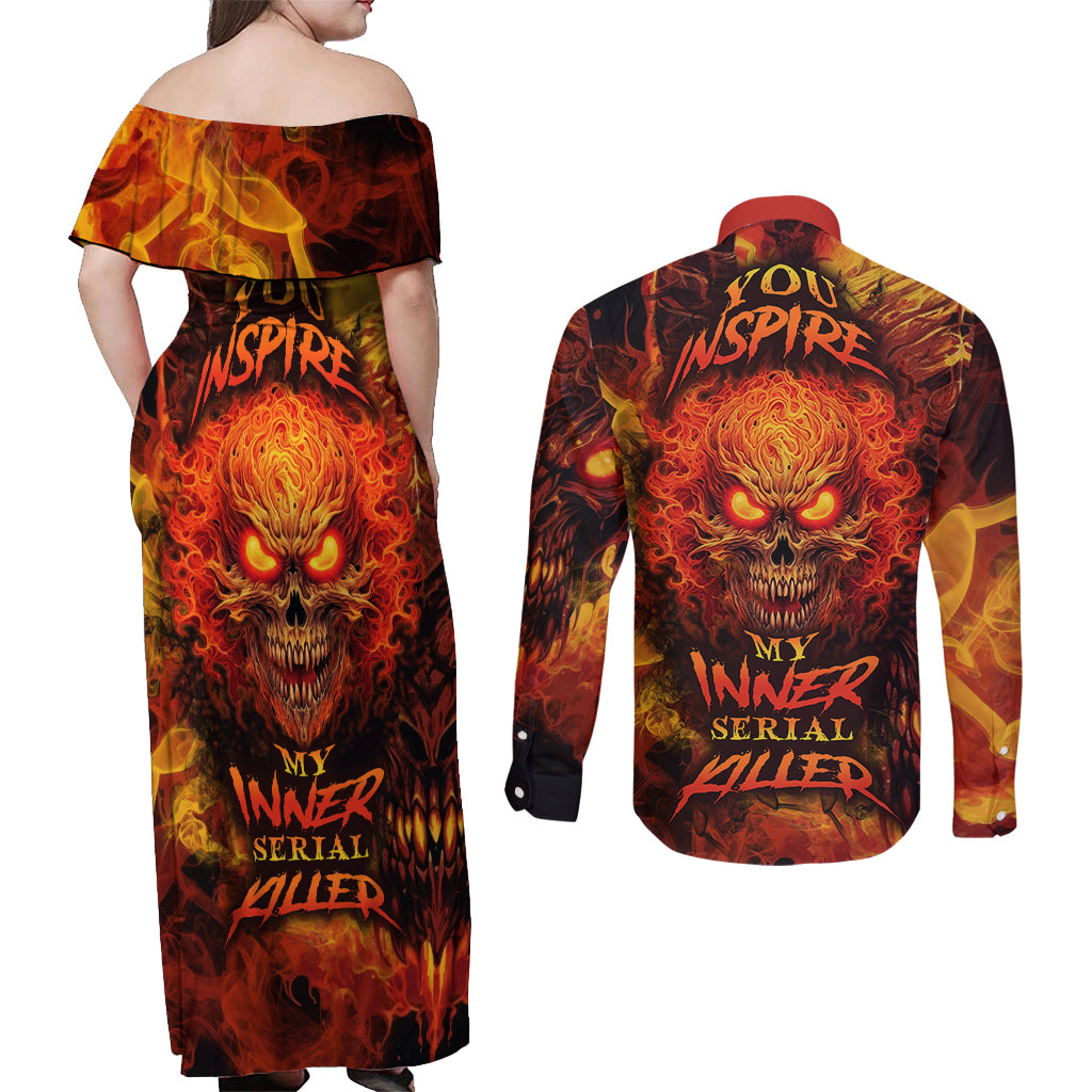 Fire Skull Couples Matching Off Shoulder Maxi Dress and Long Sleeve Button Shirts You inspire my Inner serial Killed - Wonder Print Shop