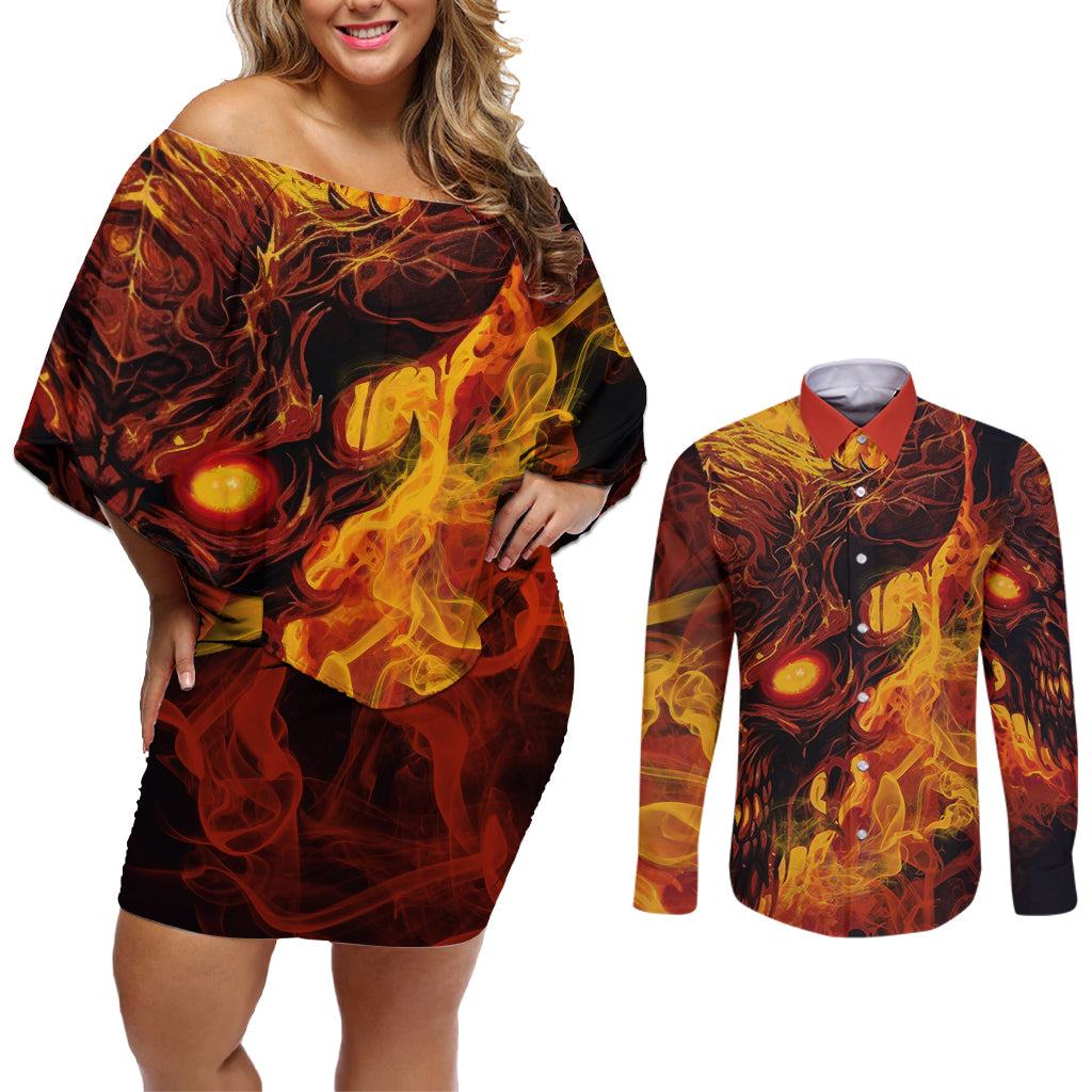 Fire Skull Couples Matching Off Shoulder Short Dress and Long Sleeve Button Shirts You inspire my Inner serial Killed - Wonder Print Shop