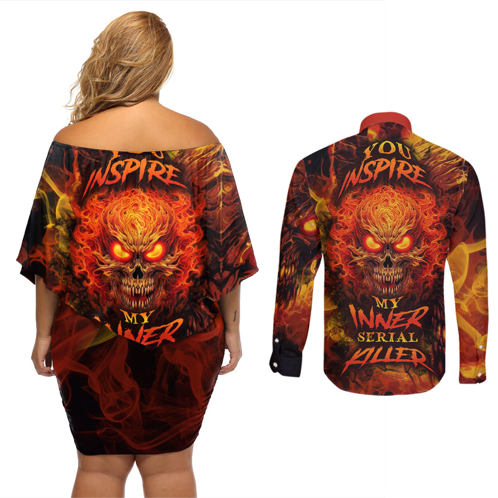 Fire Skull Couples Matching Off Shoulder Short Dress and Long Sleeve Button Shirts You inspire my Inner serial Killed - Wonder Print Shop