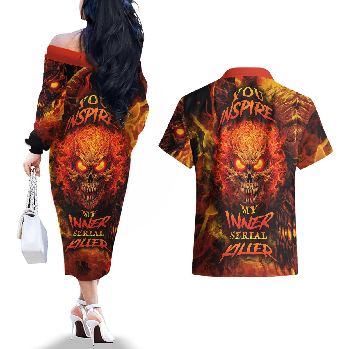 Fire Skull Couples Matching Off The Shoulder Long Sleeve Dress and Hawaiian Shirt You inspire my Inner serial Killed - Wonder Print Shop