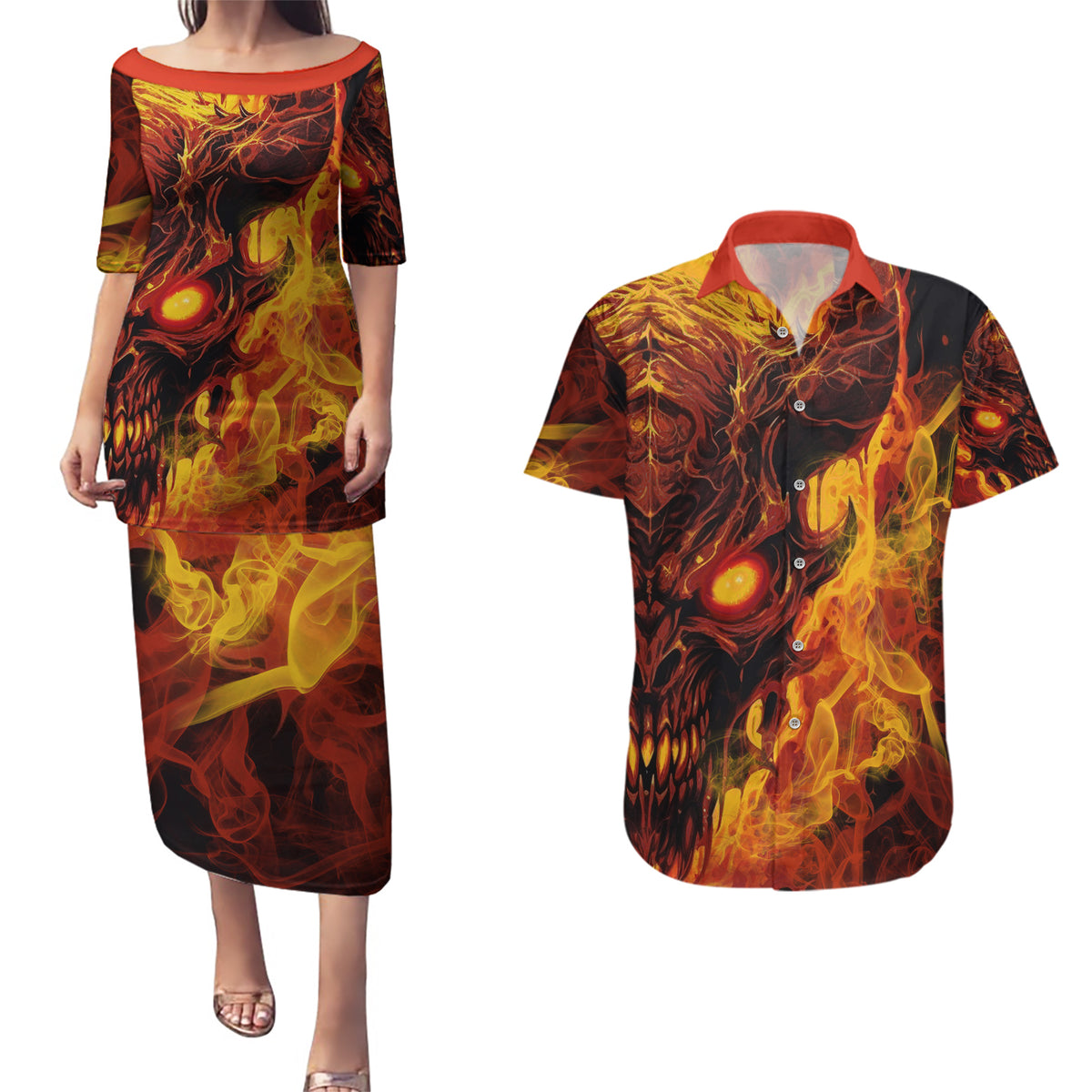 Fire Skull Couples Matching Puletasi Dress and Hawaiian Shirt You inspire my Inner serial Killed - Wonder Print Shop