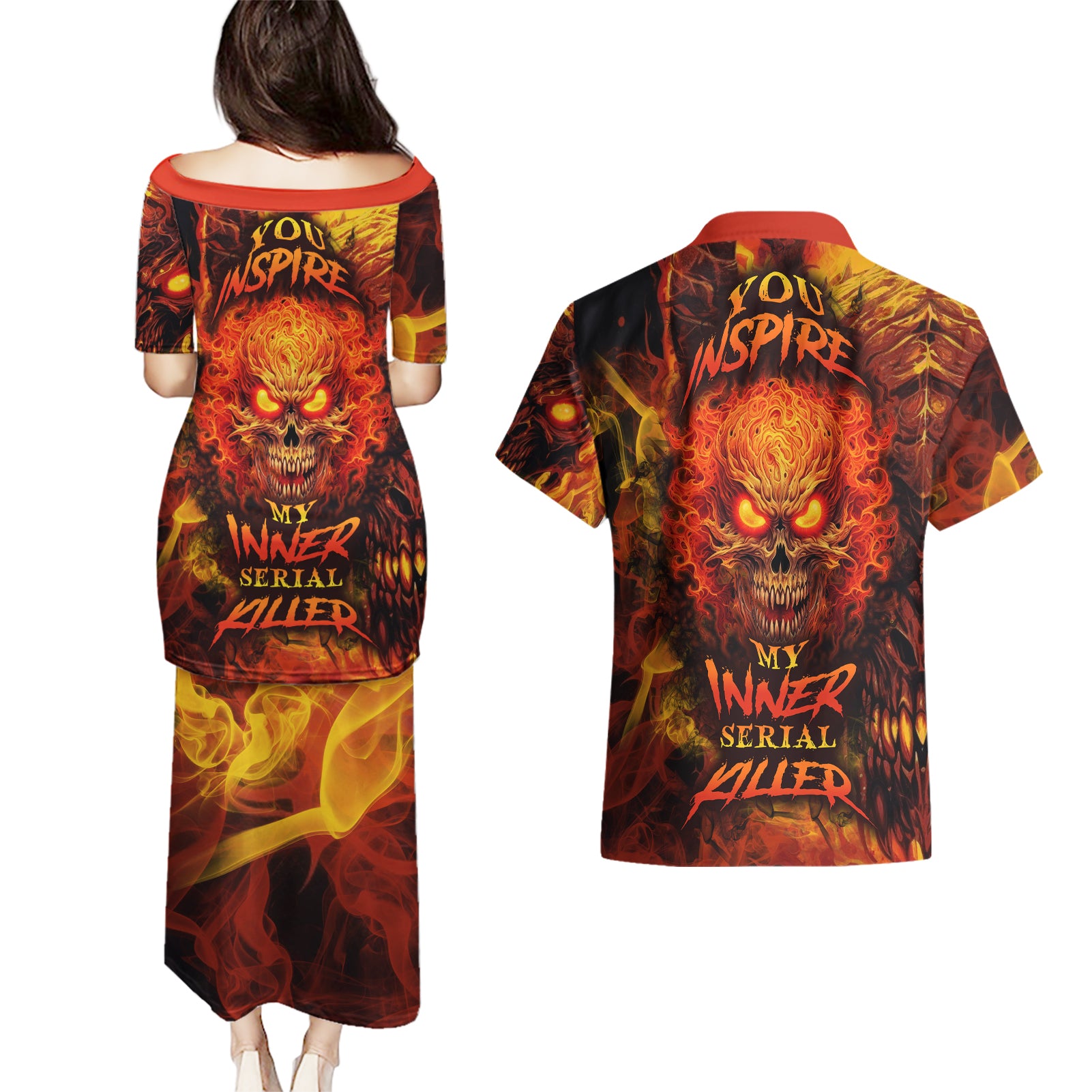 Fire Skull Couples Matching Puletasi Dress and Hawaiian Shirt You inspire my Inner serial Killed - Wonder Print Shop