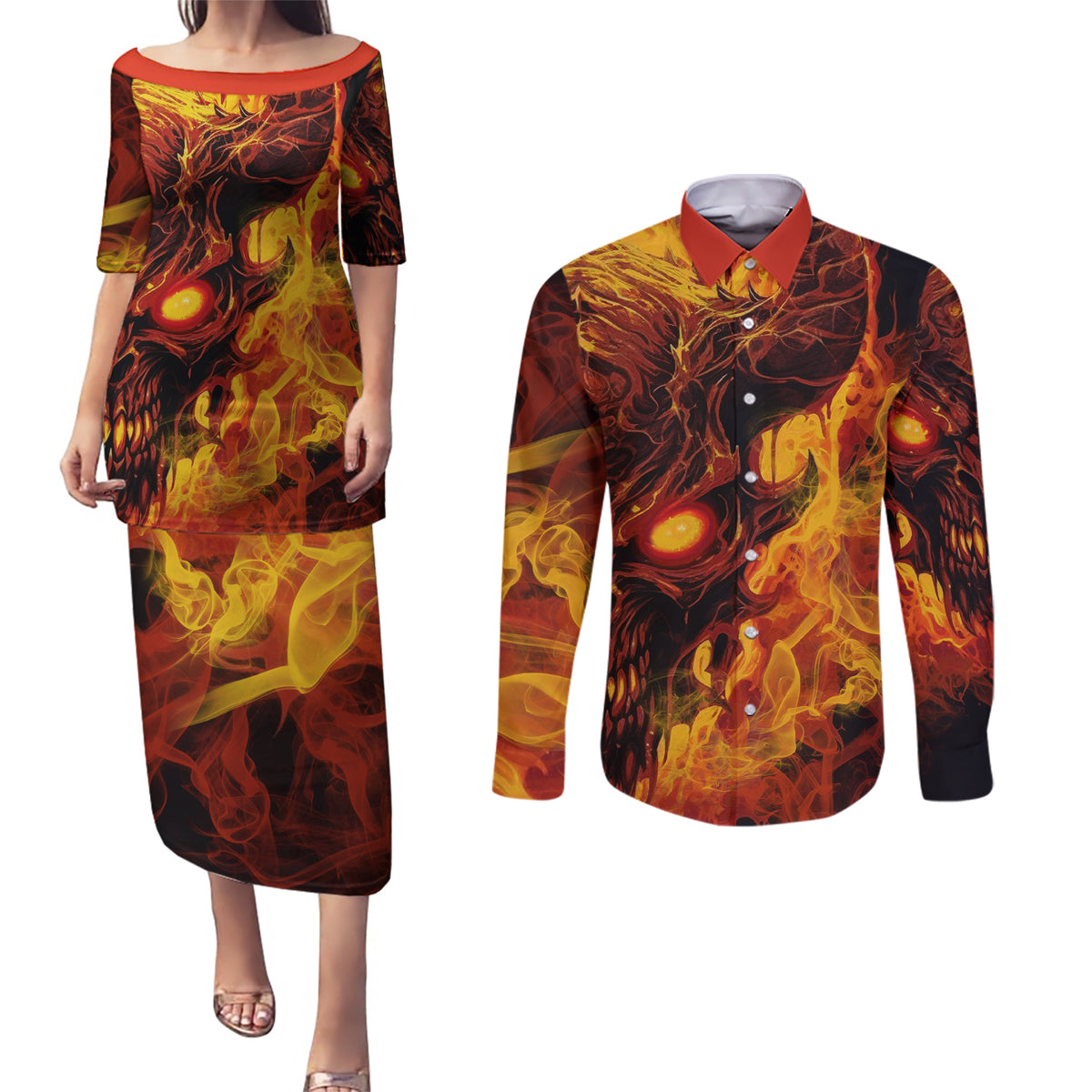 Fire Skull Couples Matching Puletasi Dress and Long Sleeve Button Shirts You inspire my Inner serial Killed - Wonder Print Shop