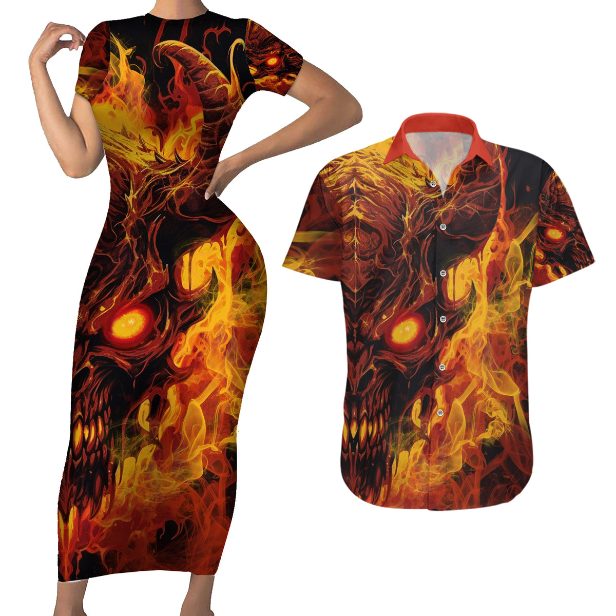 Fire Skull Couples Matching Short Sleeve Bodycon Dress and Hawaiian Shirt You inspire my Inner serial Killed - Wonder Print Shop