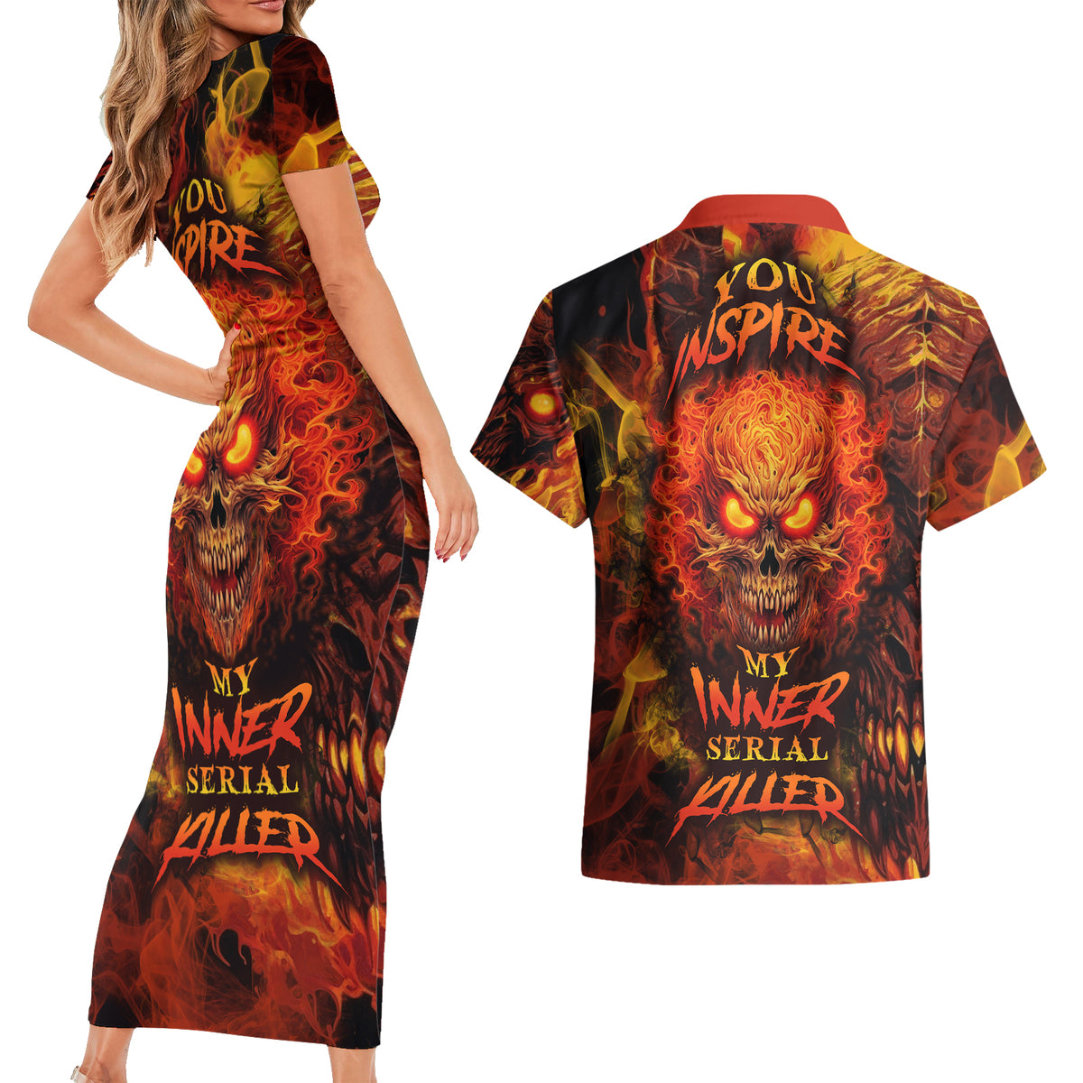 Fire Skull Couples Matching Short Sleeve Bodycon Dress and Hawaiian Shirt You inspire my Inner serial Killed - Wonder Print Shop