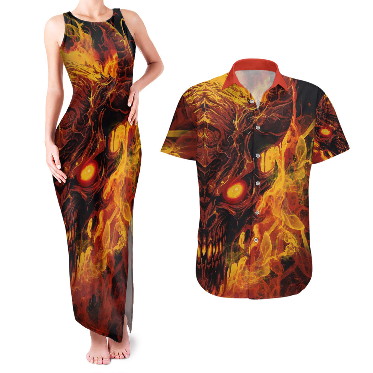 Fire Skull Couples Matching Tank Maxi Dress and Hawaiian Shirt You inspire my Inner serial Killed - Wonder Print Shop