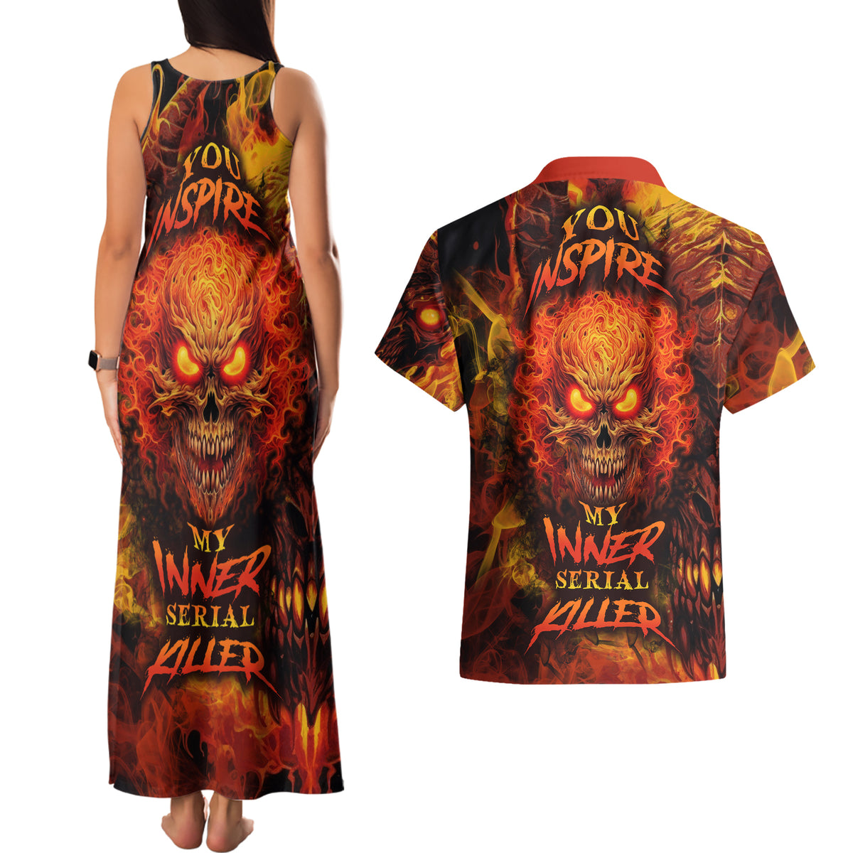 Fire Skull Couples Matching Tank Maxi Dress and Hawaiian Shirt You inspire my Inner serial Killed - Wonder Print Shop