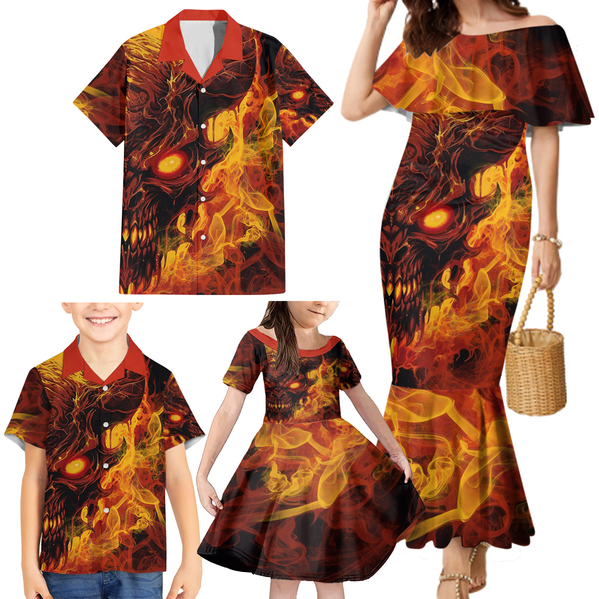 Fire Skull Family Matching Mermaid Dress and Hawaiian Shirt You inspire my Inner serial Killed - Wonder Print Shop