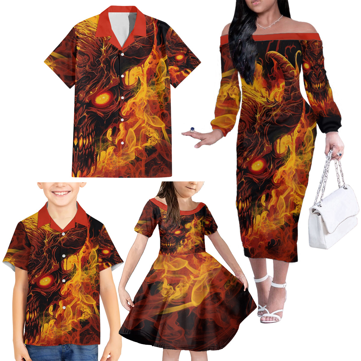 Fire Skull Family Matching Off Shoulder Long Sleeve Dress and Hawaiian Shirt You inspire my Inner serial Killed - Wonder Print Shop