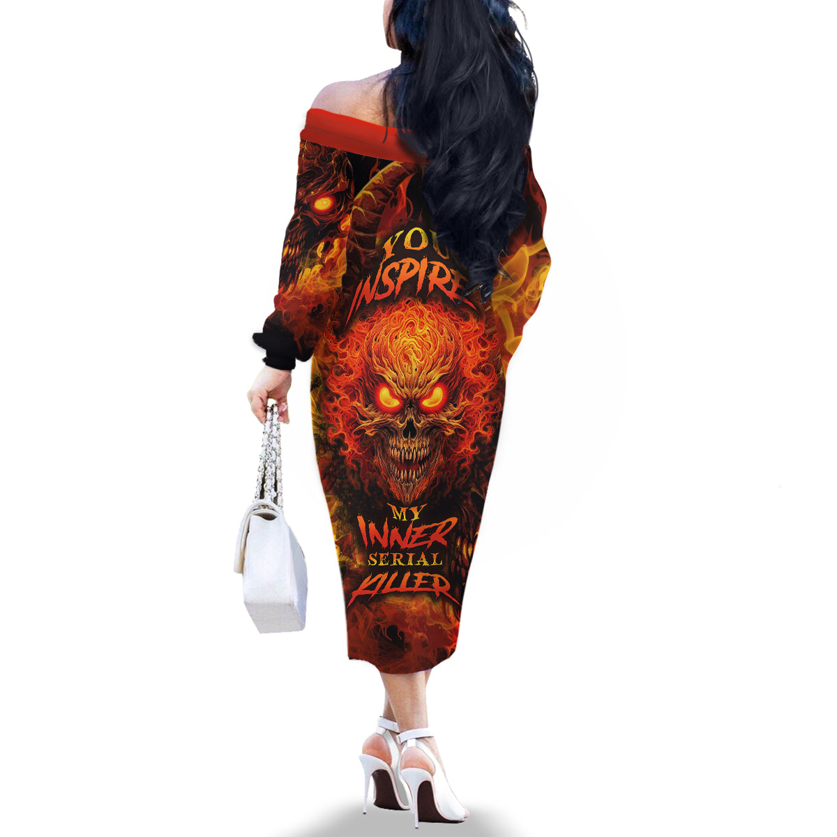 Fire Skull Family Matching Off Shoulder Long Sleeve Dress and Hawaiian Shirt You inspire my Inner serial Killed - Wonder Print Shop