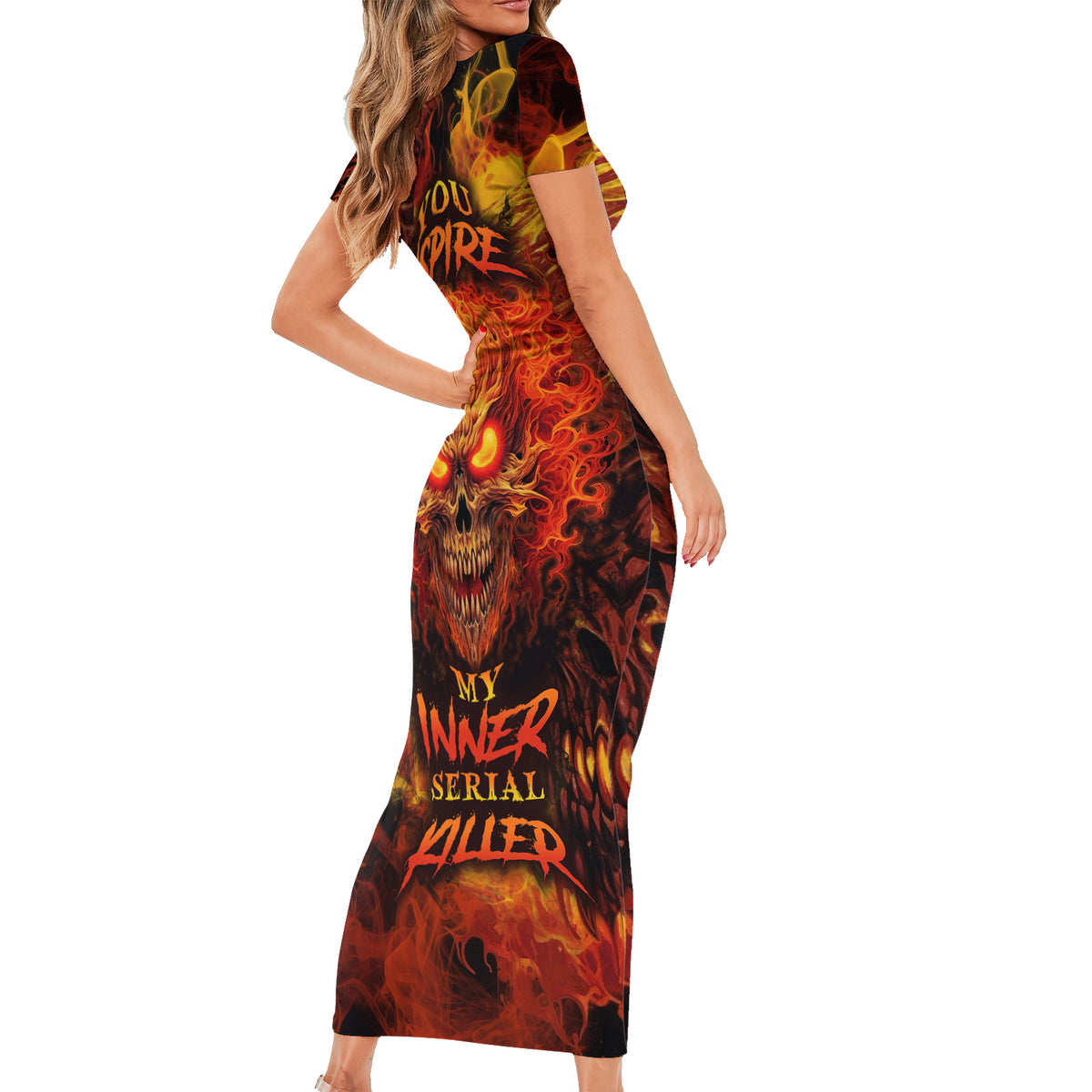 Fire Skull Family Matching Short Sleeve Bodycon Dress and Hawaiian Shirt You inspire my Inner serial Killed - Wonder Print Shop