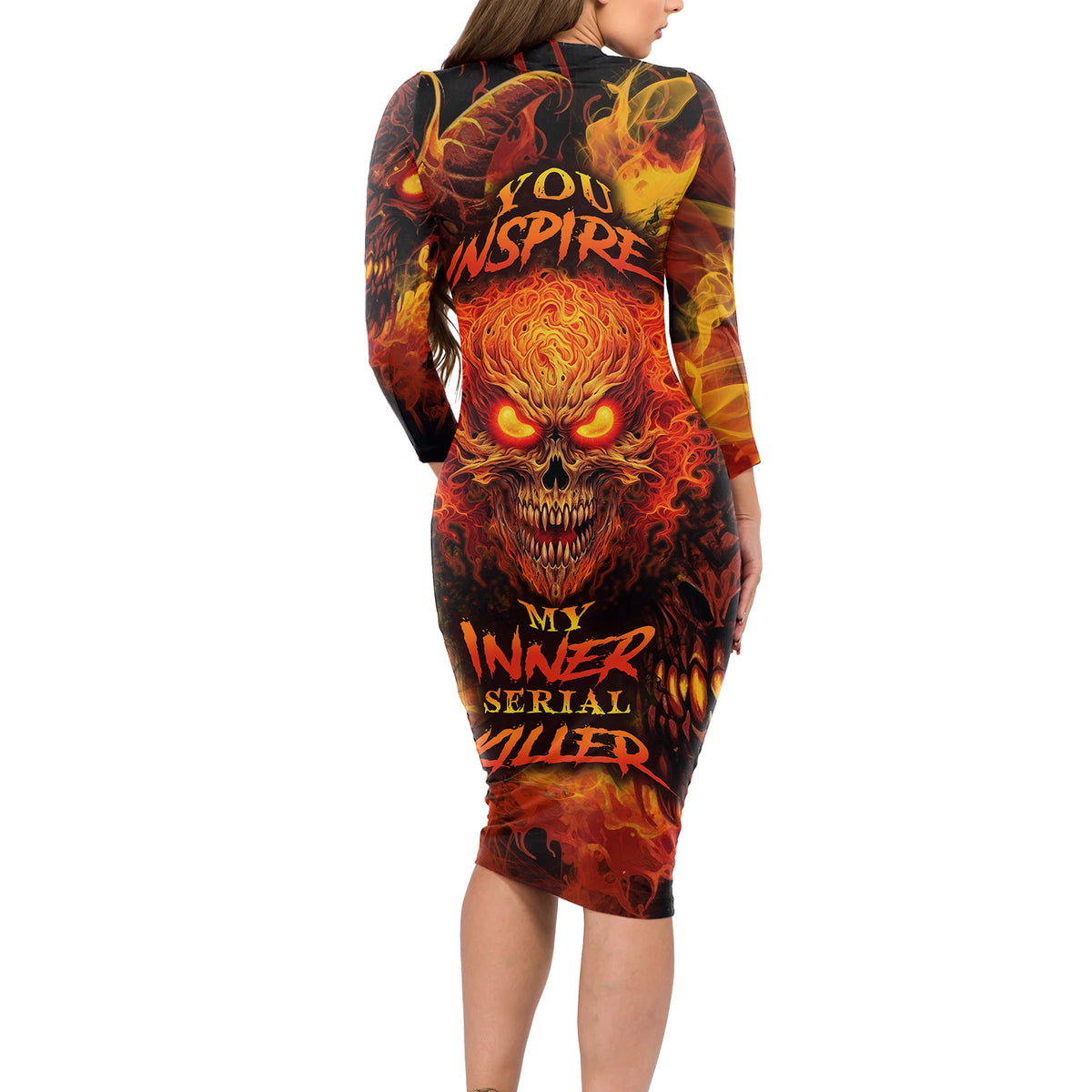 Fire Skull Long Sleeve Bodycon Dress You inspire my Inner serial Killed - Wonder Print Shop