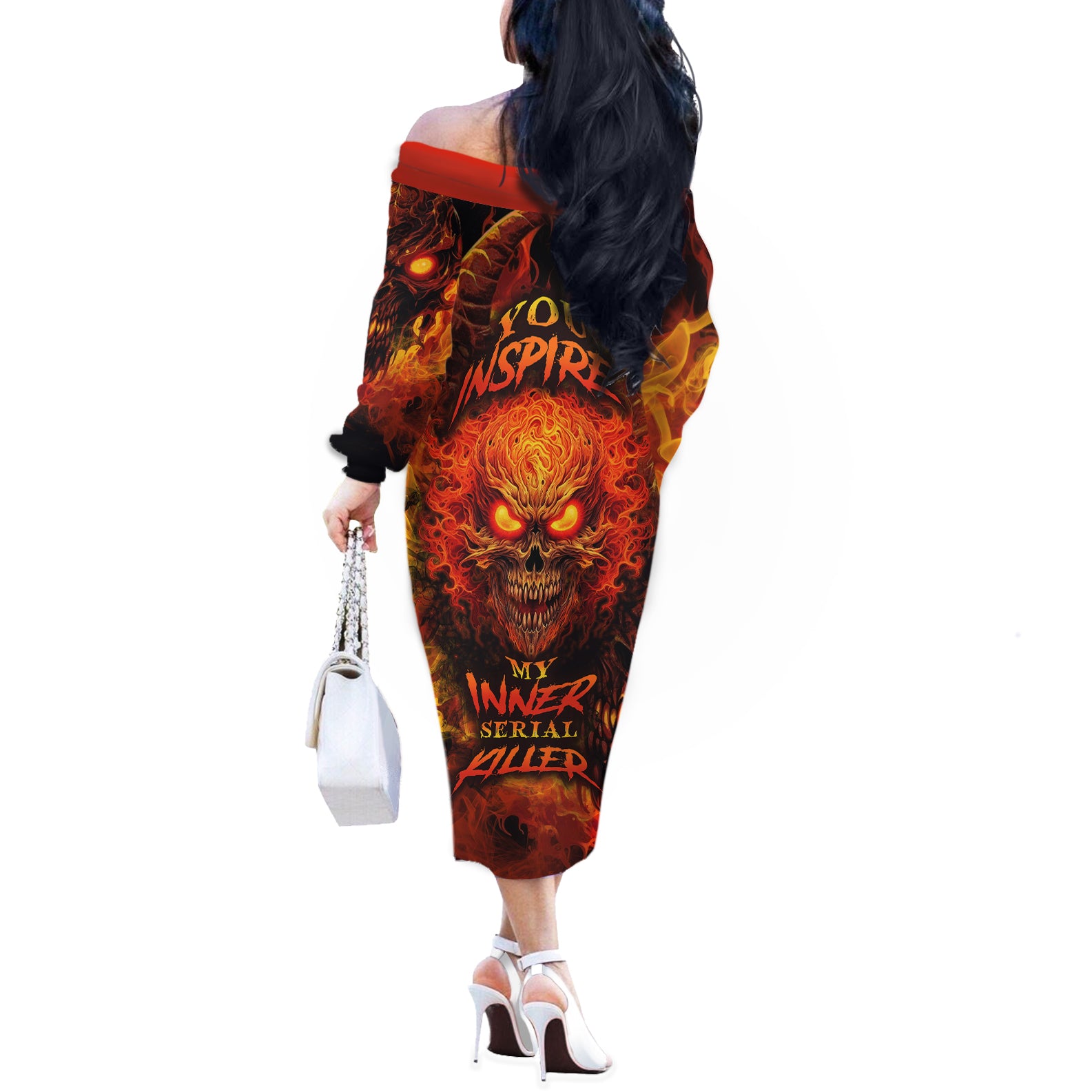 Fire Skull Off The Shoulder Long Sleeve Dress You inspire my Inner serial Killed - Wonder Print Shop