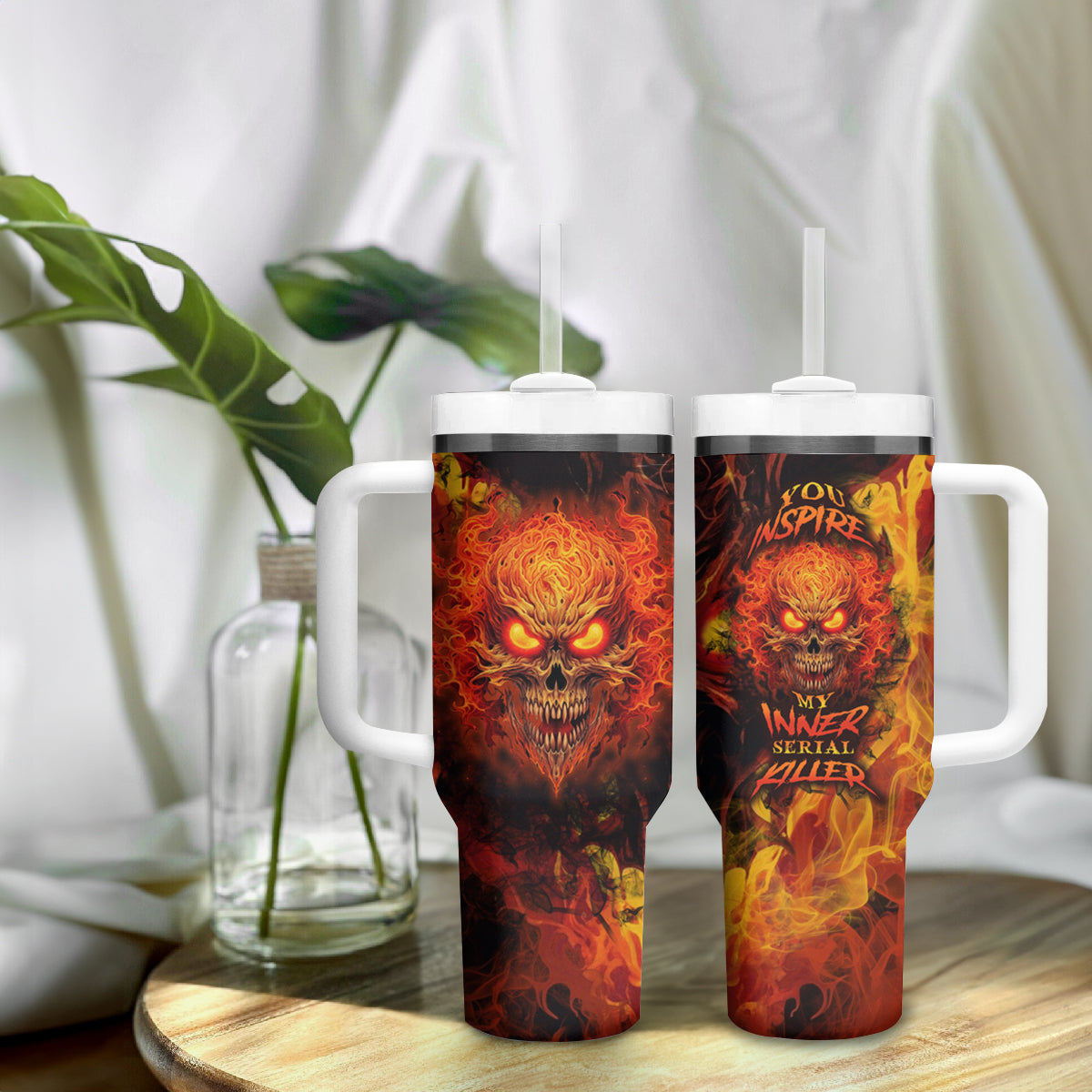 Fire Skull Tumbler With Handle You inspire my Inner serial Killed - Wonder Print Shop