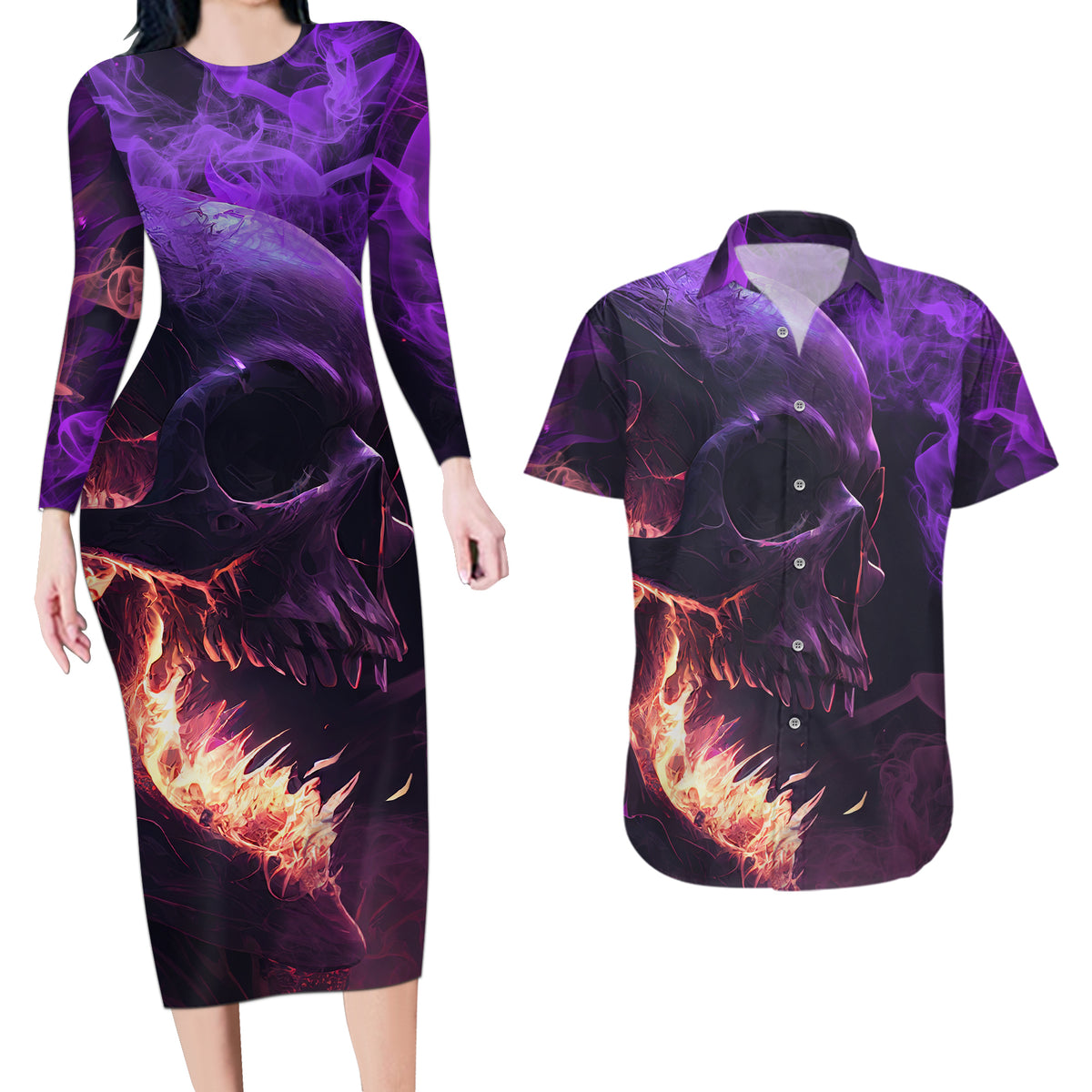 Fire Skull Couples Matching Long Sleeve Bodycon Dress and Hawaiian Shirt The Only Thing That Can Stop Me Is Me - Wonder Print Shop