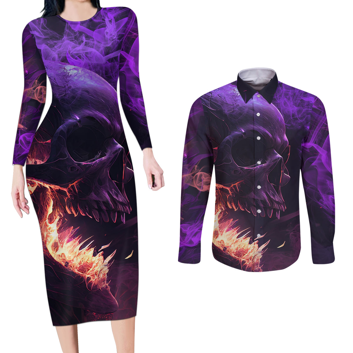 Fire Skull Couples Matching Long Sleeve Bodycon Dress and Long Sleeve Button Shirts The Only Thing That Can Stop Me Is Me - Wonder Print Shop