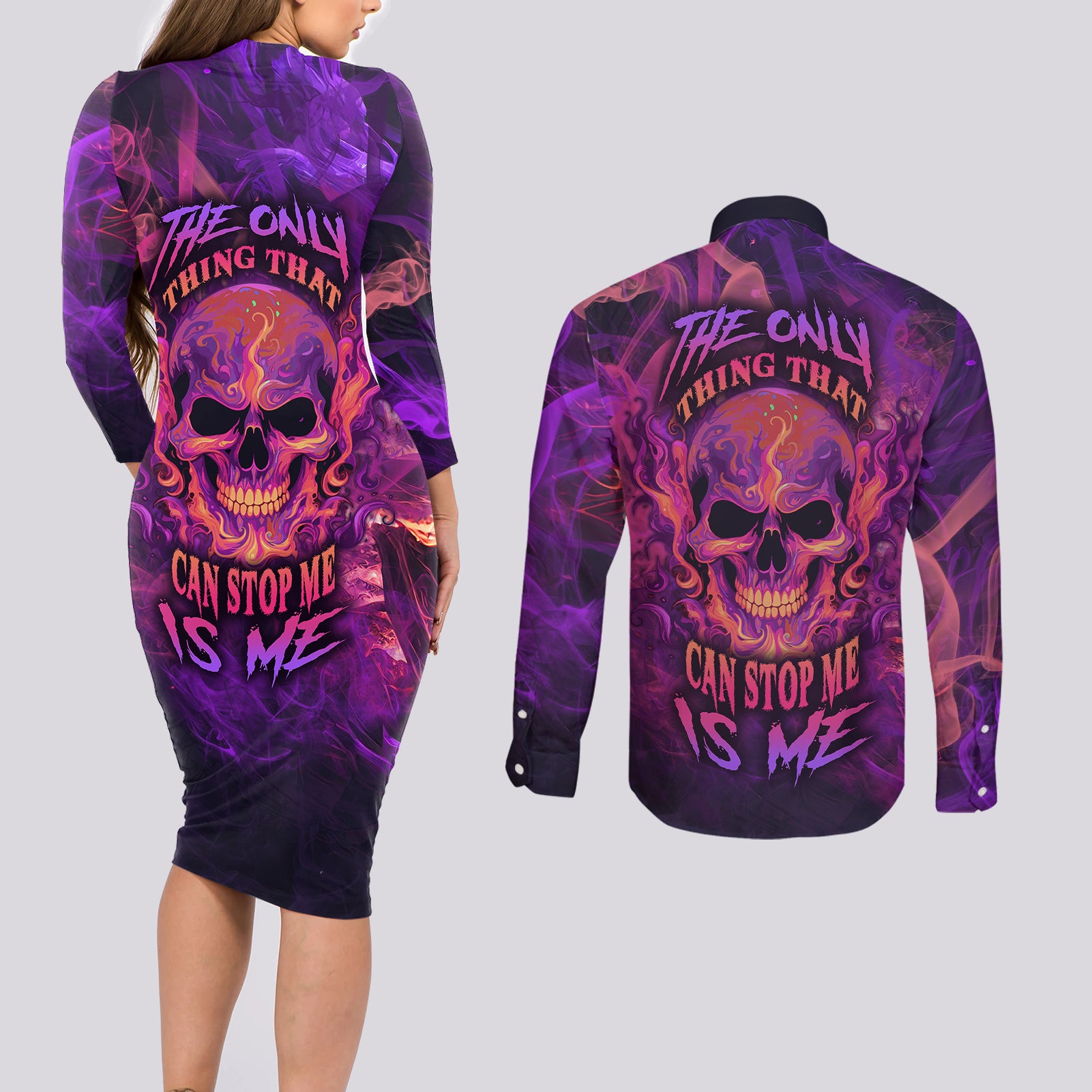 Fire Skull Couples Matching Long Sleeve Bodycon Dress and Long Sleeve Button Shirts The Only Thing That Can Stop Me Is Me - Wonder Print Shop
