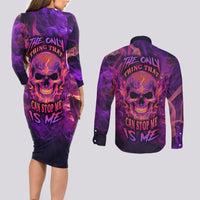 Fire Skull Couples Matching Long Sleeve Bodycon Dress and Long Sleeve Button Shirts The Only Thing That Can Stop Me Is Me - Wonder Print Shop