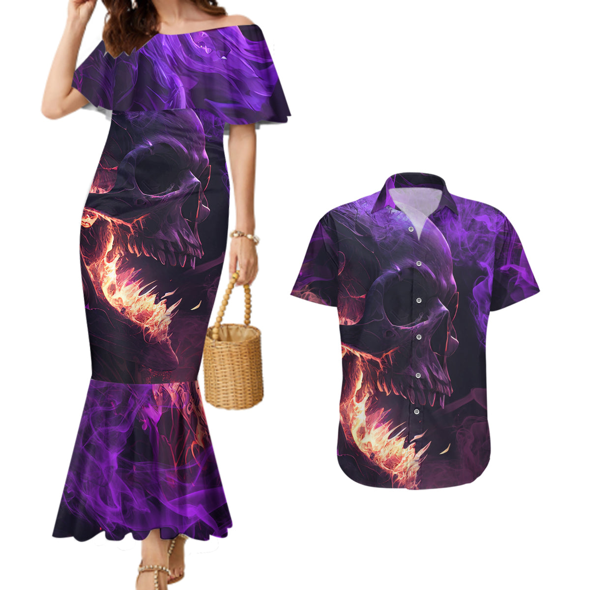 Fire Skull Couples Matching Mermaid Dress and Hawaiian Shirt The Only Thing That Can Stop Me Is Me - Wonder Print Shop