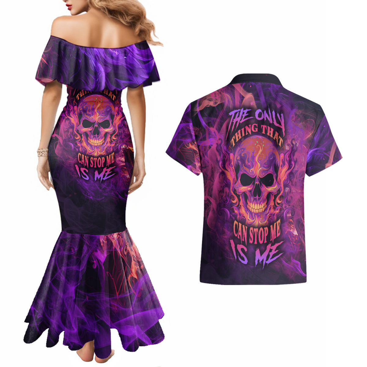 Fire Skull Couples Matching Mermaid Dress and Hawaiian Shirt The Only Thing That Can Stop Me Is Me - Wonder Print Shop