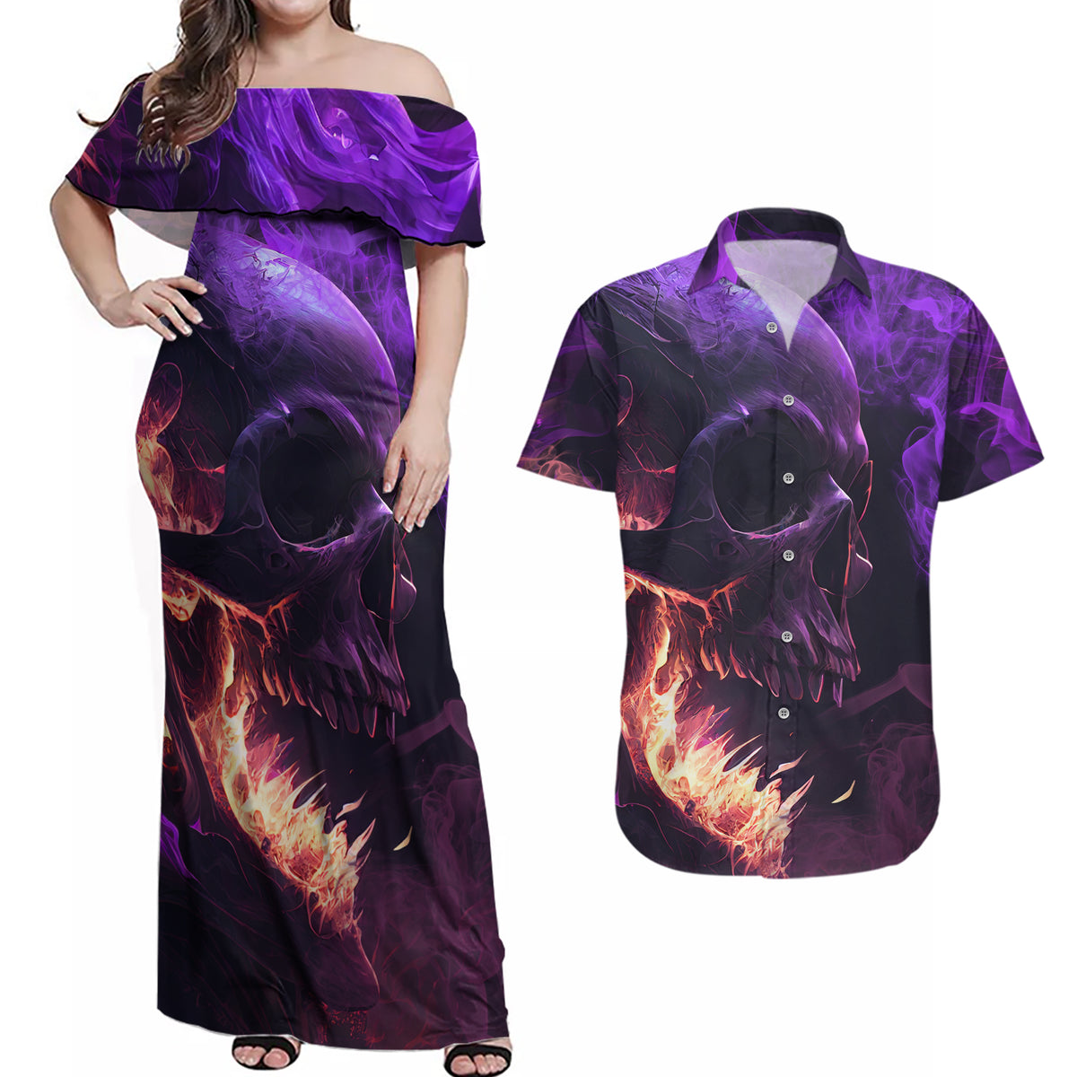 Fire Skull Couples Matching Off Shoulder Maxi Dress and Hawaiian Shirt The Only Thing That Can Stop Me Is Me - Wonder Print Shop