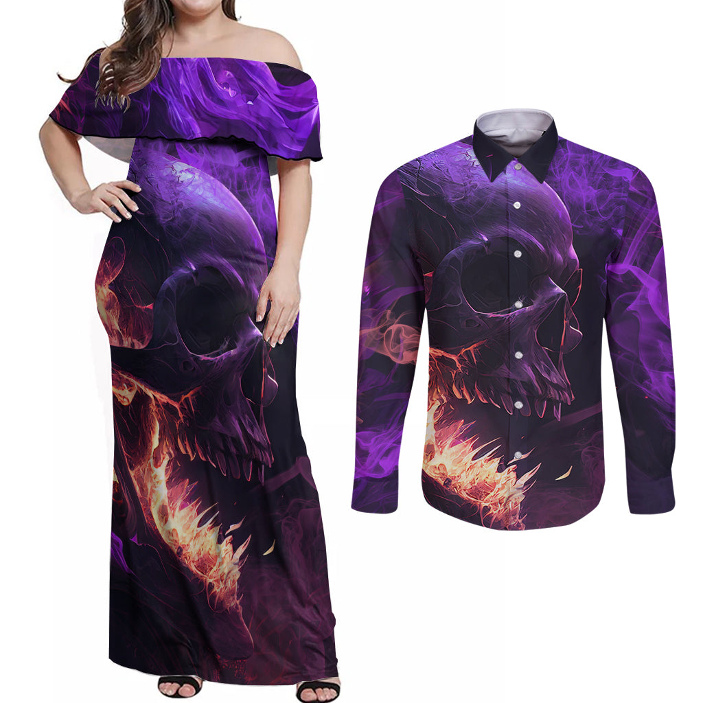 Fire Skull Couples Matching Off Shoulder Maxi Dress and Long Sleeve Button Shirts The Only Thing That Can Stop Me Is Me - Wonder Print Shop