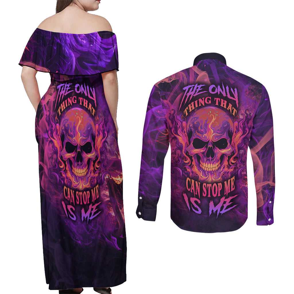 Fire Skull Couples Matching Off Shoulder Maxi Dress and Long Sleeve Button Shirts The Only Thing That Can Stop Me Is Me - Wonder Print Shop