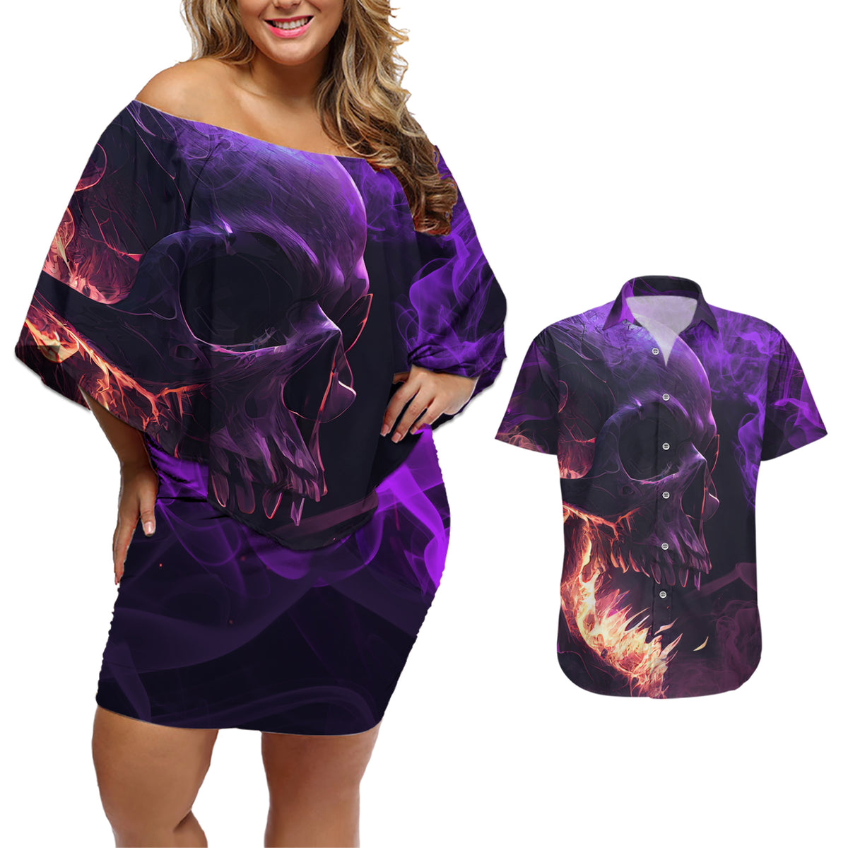 Fire Skull Couples Matching Off Shoulder Short Dress and Hawaiian Shirt The Only Thing That Can Stop Me Is Me - Wonder Print Shop