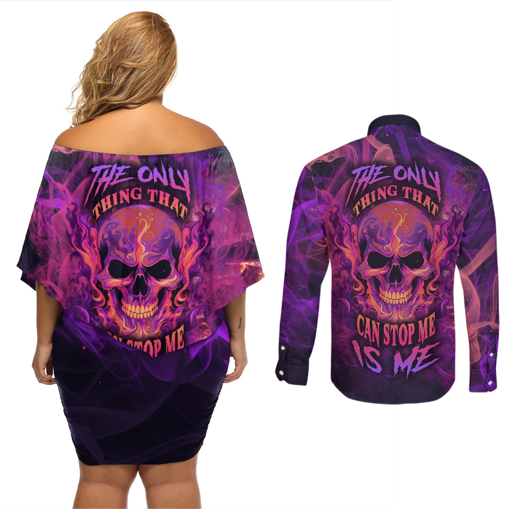 Fire Skull Couples Matching Off Shoulder Short Dress and Long Sleeve Button Shirts The Only Thing That Can Stop Me Is Me - Wonder Print Shop