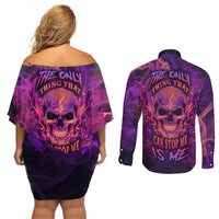 Fire Skull Couples Matching Off Shoulder Short Dress and Long Sleeve Button Shirts The Only Thing That Can Stop Me Is Me - Wonder Print Shop