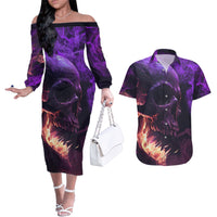 Fire Skull Couples Matching Off The Shoulder Long Sleeve Dress and Hawaiian Shirt The Only Thing That Can Stop Me Is Me - Wonder Print Shop