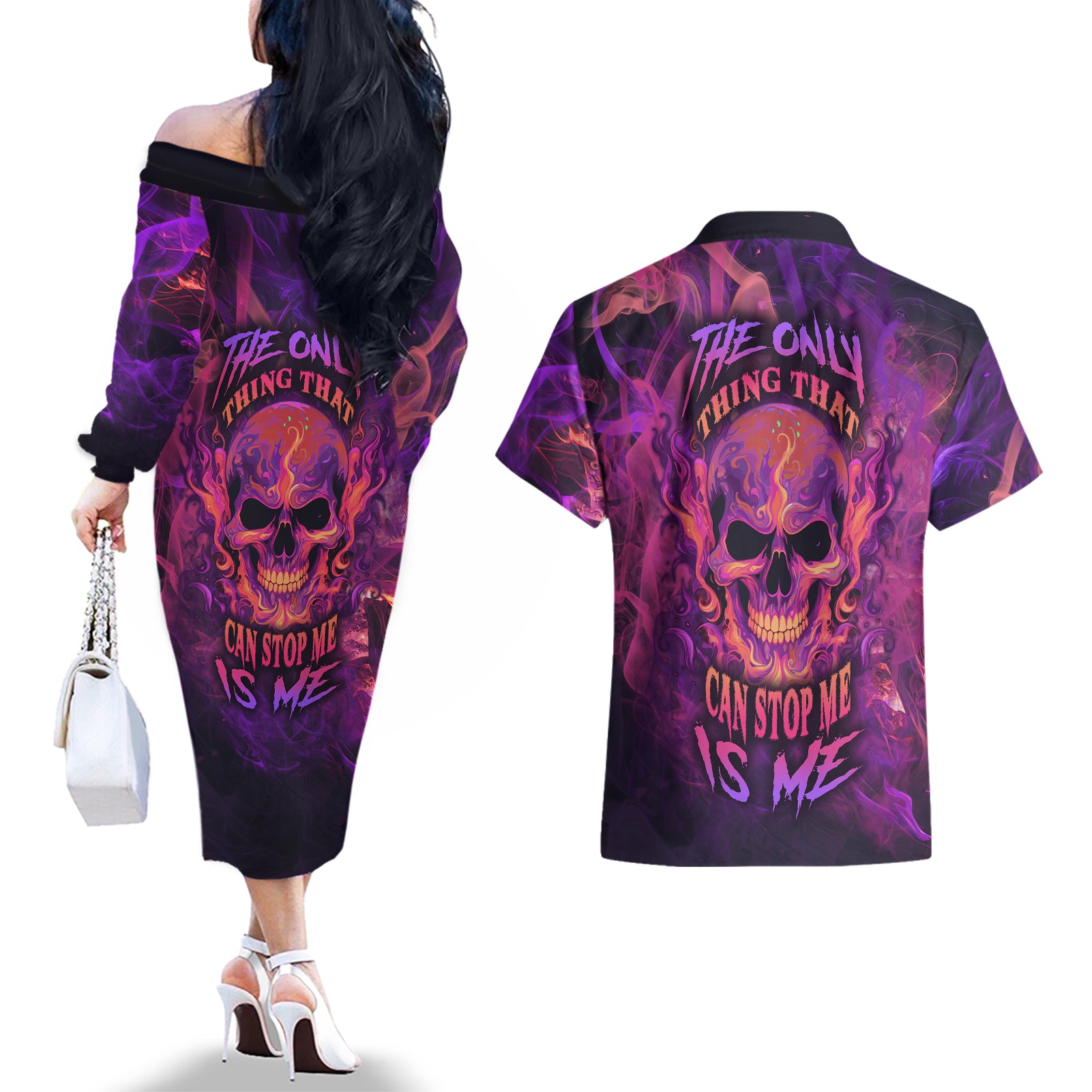 Fire Skull Couples Matching Off The Shoulder Long Sleeve Dress and Hawaiian Shirt The Only Thing That Can Stop Me Is Me - Wonder Print Shop