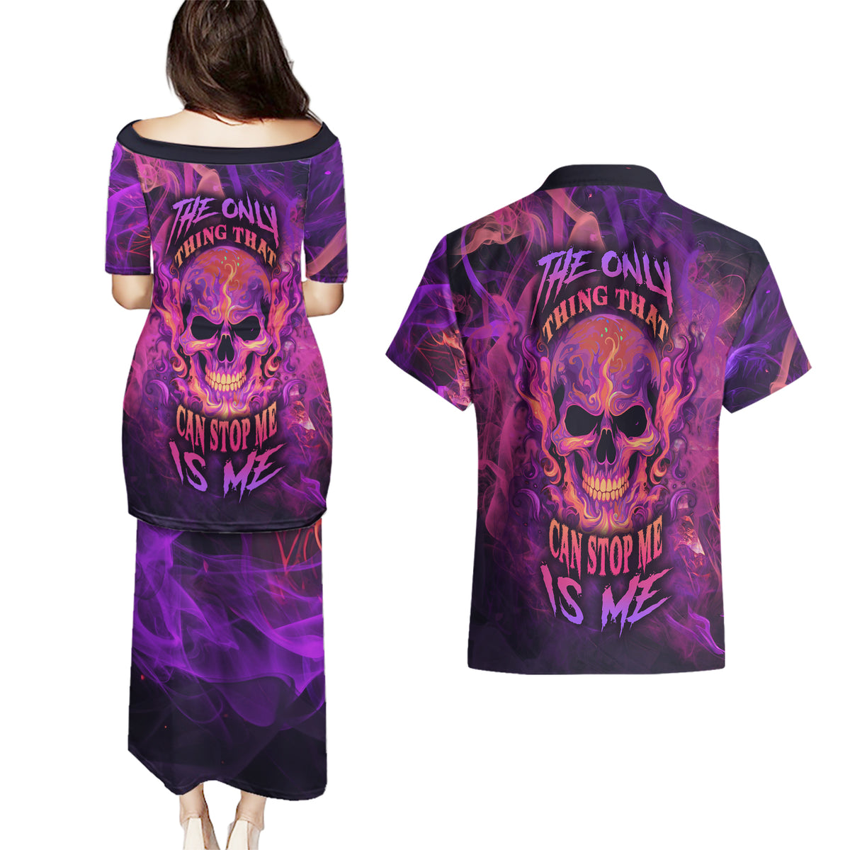 Fire Skull Couples Matching Puletasi Dress and Hawaiian Shirt The Only Thing That Can Stop Me Is Me - Wonder Print Shop