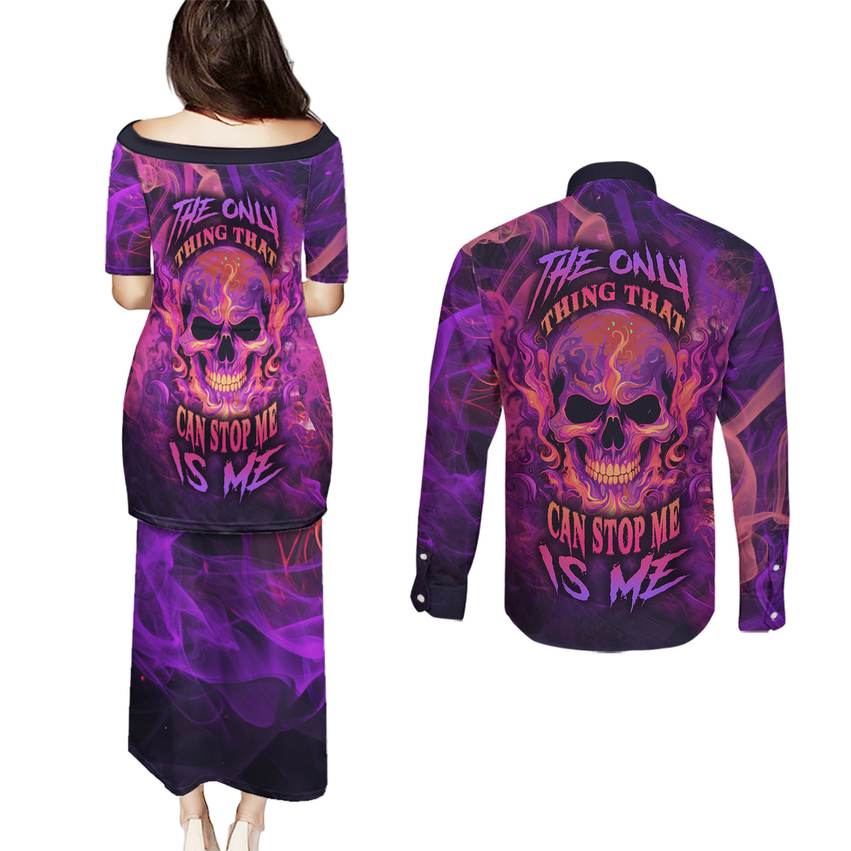 Fire Skull Couples Matching Puletasi Dress and Long Sleeve Button Shirts The Only Thing That Can Stop Me Is Me - Wonder Print Shop