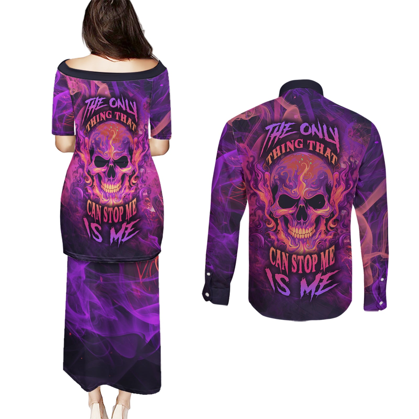 Fire Skull Couples Matching Puletasi Dress and Long Sleeve Button Shirts The Only Thing That Can Stop Me Is Me - Wonder Print Shop