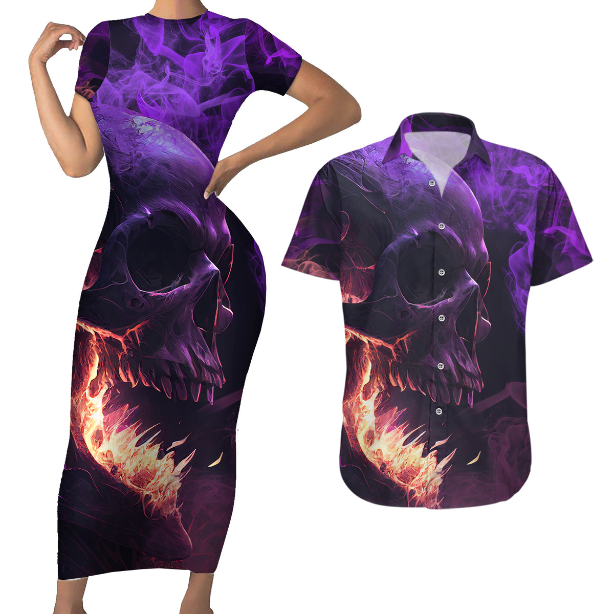 Fire Skull Couples Matching Short Sleeve Bodycon Dress and Hawaiian Shirt The Only Thing That Can Stop Me Is Me - Wonder Print Shop