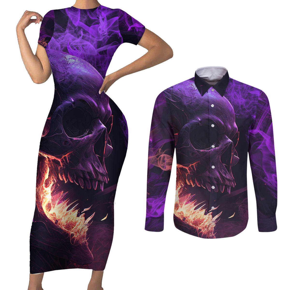 Fire Skull Couples Matching Short Sleeve Bodycon Dress and Long Sleeve Button Shirts The Only Thing That Can Stop Me Is Me - Wonder Print Shop