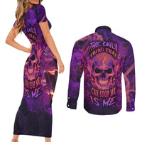 Fire Skull Couples Matching Short Sleeve Bodycon Dress and Long Sleeve Button Shirts The Only Thing That Can Stop Me Is Me - Wonder Print Shop