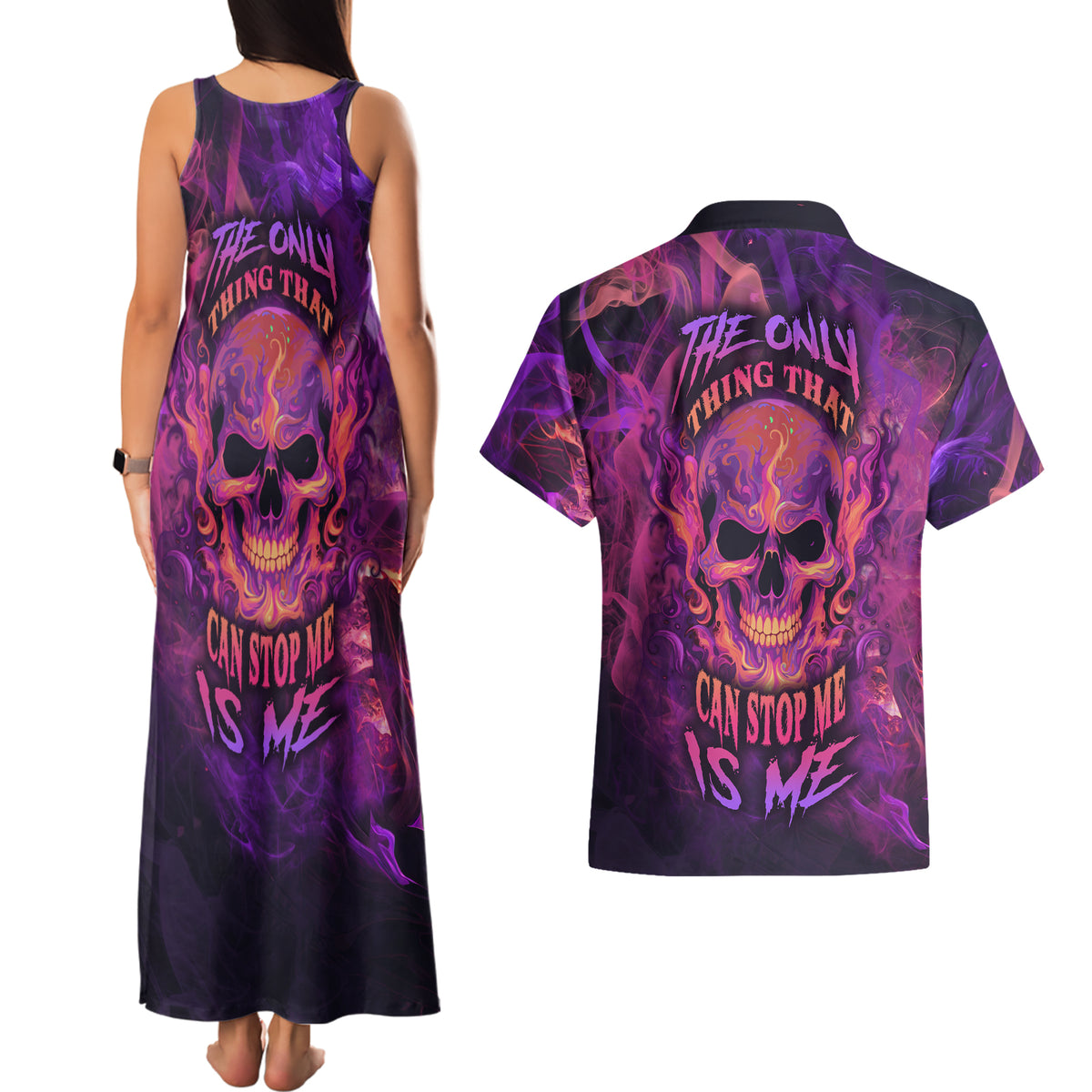 Fire Skull Couples Matching Tank Maxi Dress and Hawaiian Shirt The Only Thing That Can Stop Me Is Me - Wonder Print Shop