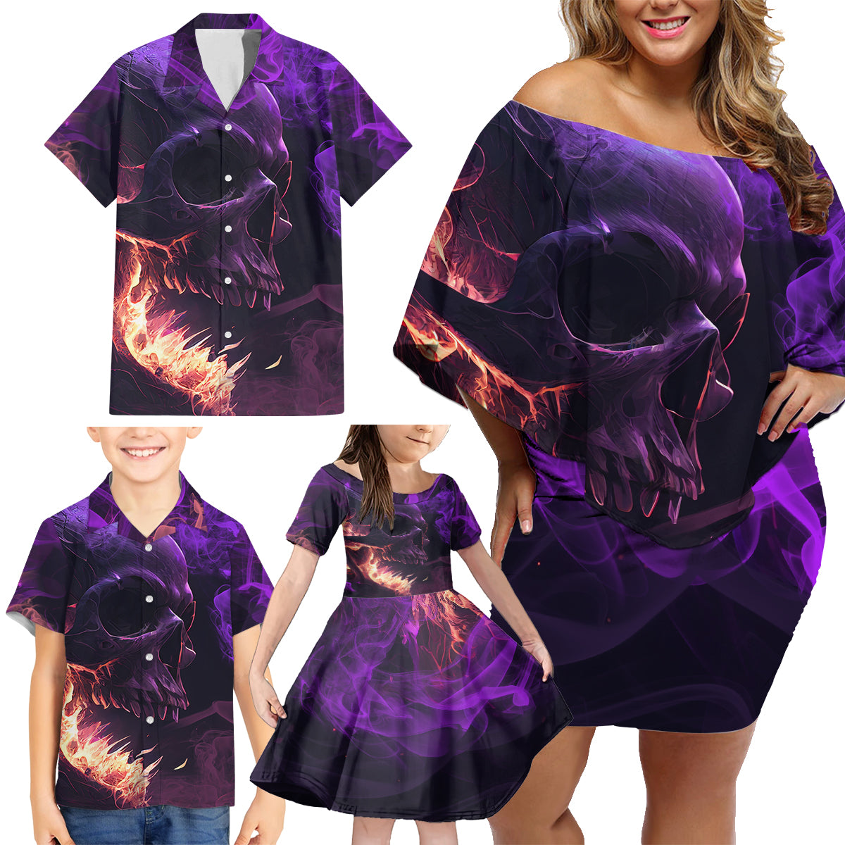 Fire Skull Family Matching Off Shoulder Short Dress and Hawaiian Shirt The Only Thing That Can Stop Me Is Me - Wonder Print Shop