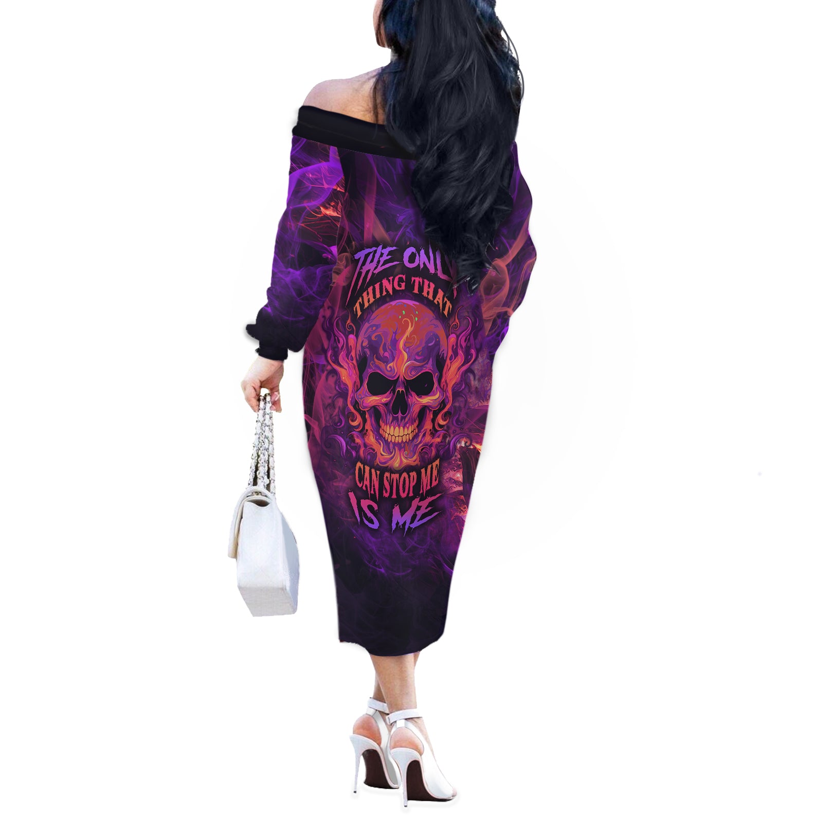 Fire Skull Off The Shoulder Long Sleeve Dress The Only Thing That Can Stop Me Is Me - Wonder Print Shop