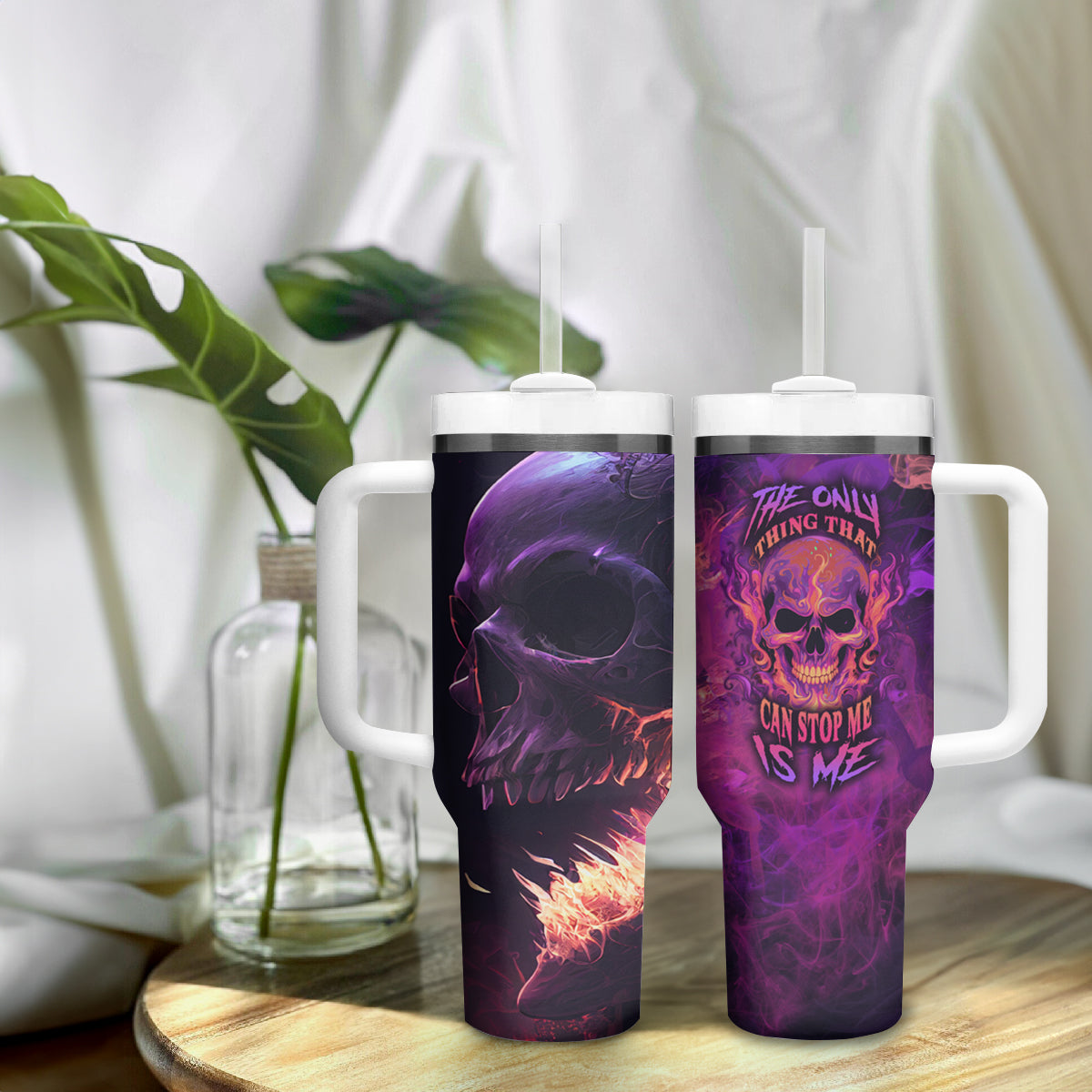 Fire Skull Tumbler With Handle The Only Thing That Can Stop Me Is Me - Wonder Print Shop